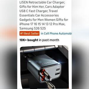 Black Retractable Car Charger with USB-C and Dual Ports